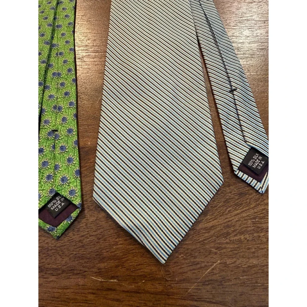 VTG Set of TWO Mens Structure Silk Ties Green Diagonal Stripe & Starburst Design